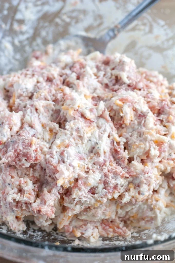 Quick 3 Ingredient Bisquick Sausage Bites 3 The unbaked Bisquick Sausage Ball mixture, a uniform blend of sausage, cheese, and Bisquick, resting in a clear glass bowl, ready to be shaped.