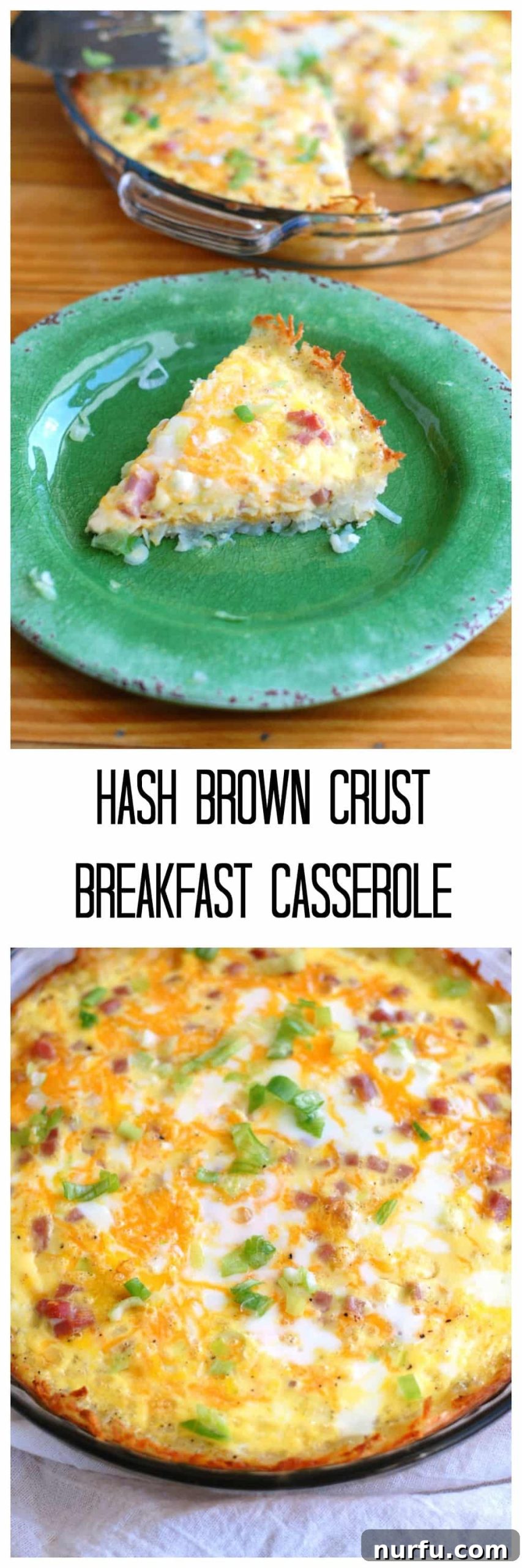 Crispy Hash Brown Breakfast Bake 3 A collage of three images showing the Hash Brown Crust Breakfast Casserole: a full baked casserole, a close-up slice on a plate, and a view of the crispy hash brown crust.