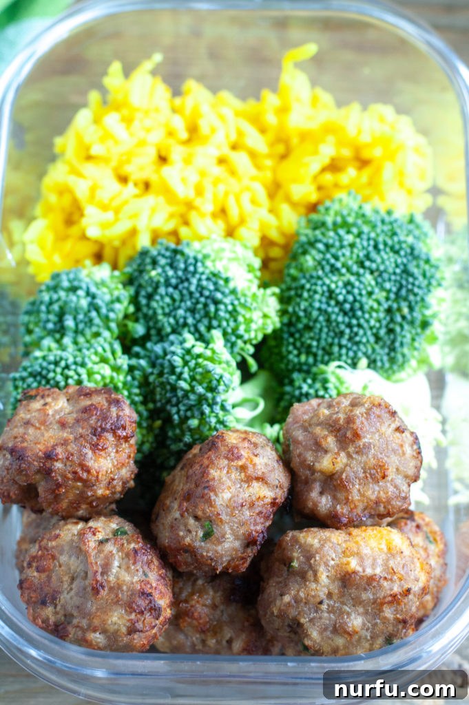 Air Fryer Turkey Meatballs Turkey meatballs, broccoli, yellow rice meal prep
