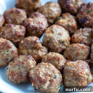Golden Brown Air Fryer Turkey Meatballs 2 Meatballs on a plate.