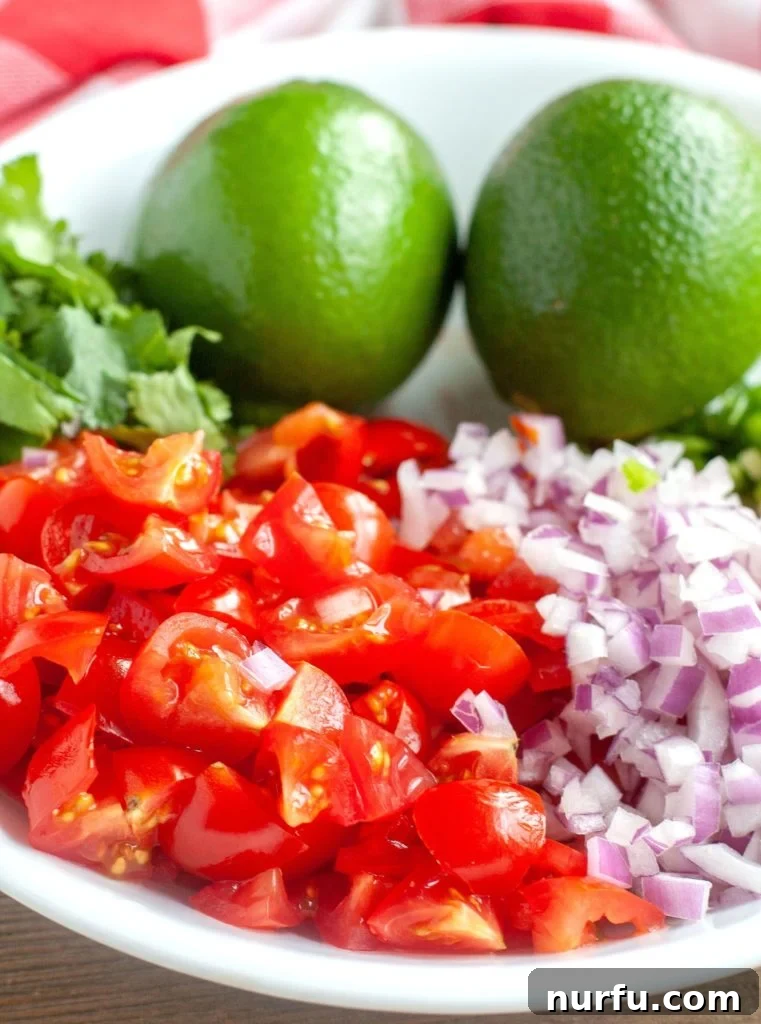 Fresh and Zesty Salsa 3 Freshly diced tomatoes, red onion, cilantro, and limes artfully arranged in a white bowl, ready for mixing to create Pico de Gallo.