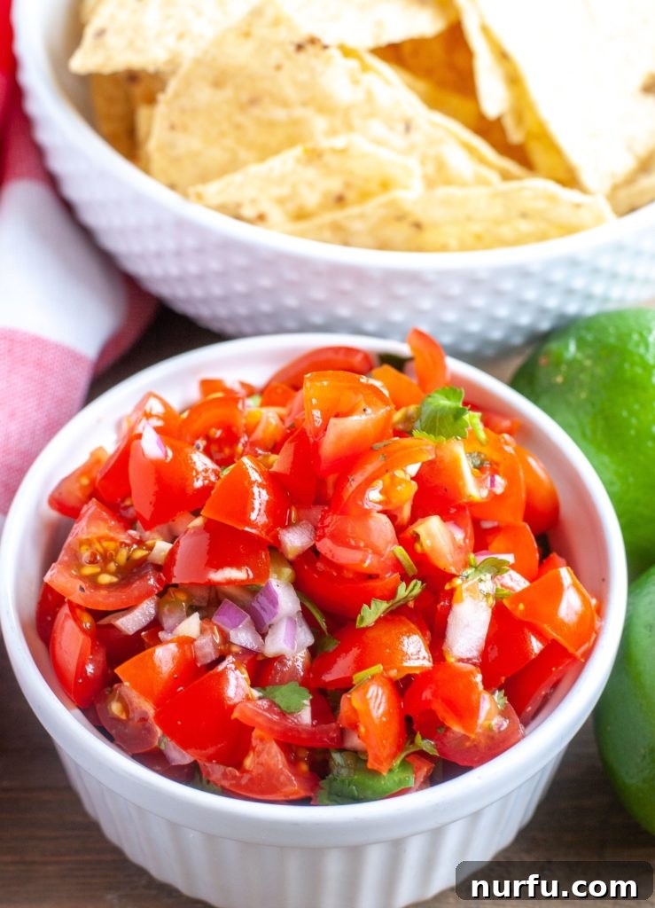 Fresh and Zesty Salsa 5 A small bowl of homemade Pico de Gallo served alongside a larger bowl of crunchy tortilla chips, inviting a delightful snack.