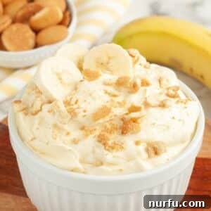 A beautifully presented bowl of creamy banana pudding dip, garnished with fresh banana slices and crumbled vanilla wafers.