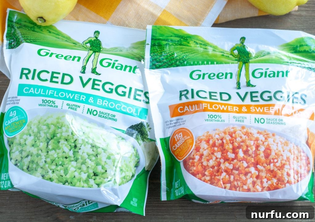 Green Giant Riced Veggies A bag of Green Giant Riced Cauliflower and Broccoli next to a bag of Green Giant Riced Sweet Potatoes, showcasing convenient frozen vegetable options.