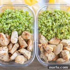 Container with chicken and riced veggies.