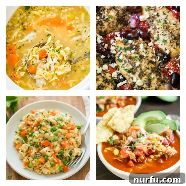 25 Best Chicken Crockpot Recipes A collage featuring four distinct healthy crockpot chicken recipes, highlighting fresh ingredients and vibrant dishes.