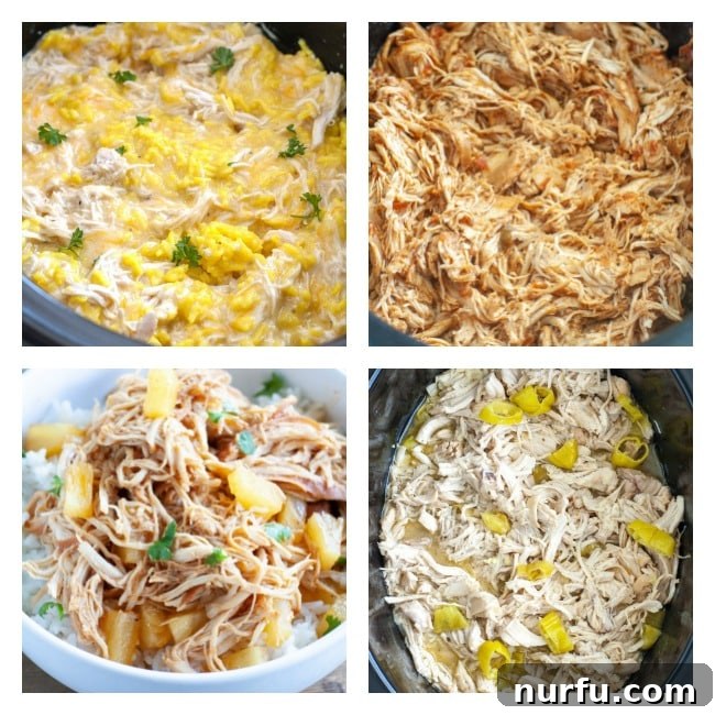 25 Best Chicken Crockpot Recipes A collage of four different easy-to-prepare slow cooker chicken meals, showcasing family-friendly options.