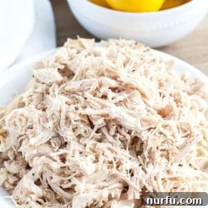 Shredded chicken in a bowl, ready for serving.