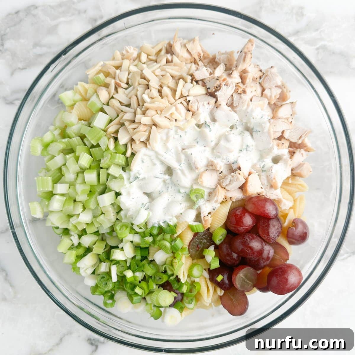 Vibrant Chicken Pasta Salad 3 Bowl with pasta, chicken, celery, grapes, and dressing.