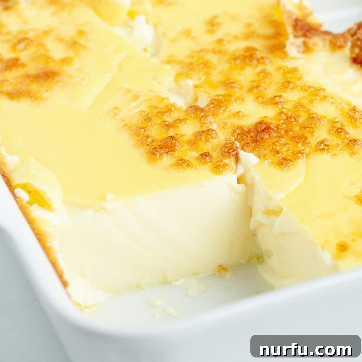 Effortless Velvety Egg Custard 7 A large baking dish filled with golden-brown egg custard, freshly baked and still warm, ready to be cooled.