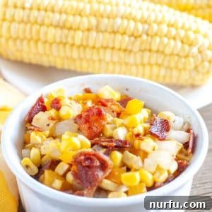 Bowl with corn and bacon.