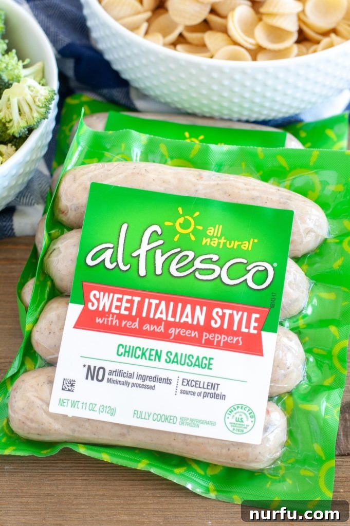Orecchiette, broccoli and chicken sausage A package of al fresco Sweet Italian Style chicken sausage, highlighting the quality ingredient for this recipe.