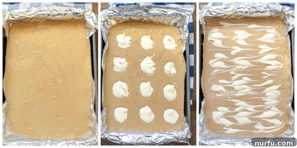 Cream Cheese Blondies Three step-by-step images showing blondie batter, cream cheese dollops, and the finished swirl