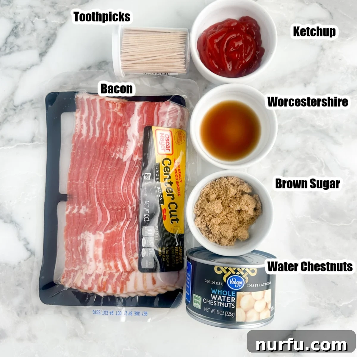 Crispy Bacon Wrapped Water Chestnuts 3 A flat lay of the key ingredients for bacon wrapped water chestnuts: raw bacon, ketchup, brown sugar, and a can of water chestnuts.