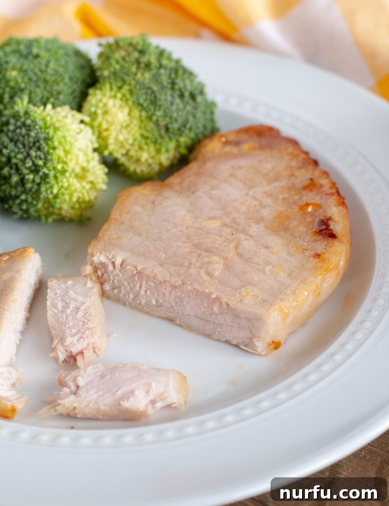Air Fryer Honey Mustard Pork Chops dinner Perfectly golden-brown Air Fryer Honey Mustard Pork Chop on a white plate, garnished with fresh herbs and served alongside vibrant green broccoli florets.