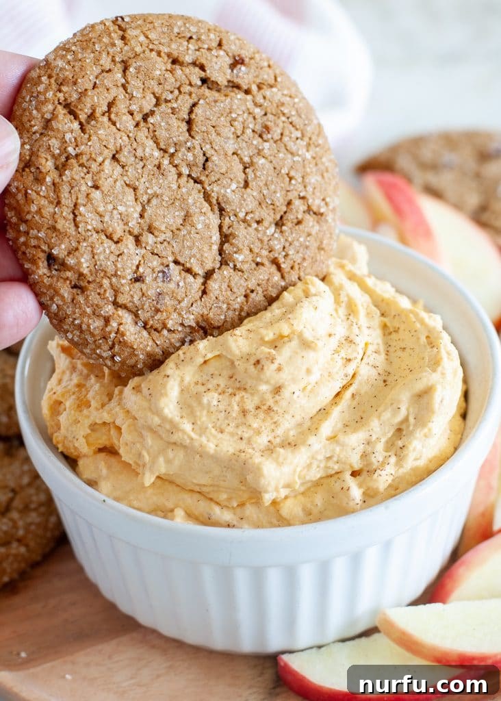 Velvety Pumpkin Spice Dip 7 A delicious ginger cookie being dipped into a bowl of creamy pumpkin dip, highlighting its perfect consistency for scooping and inviting guests to indulge.