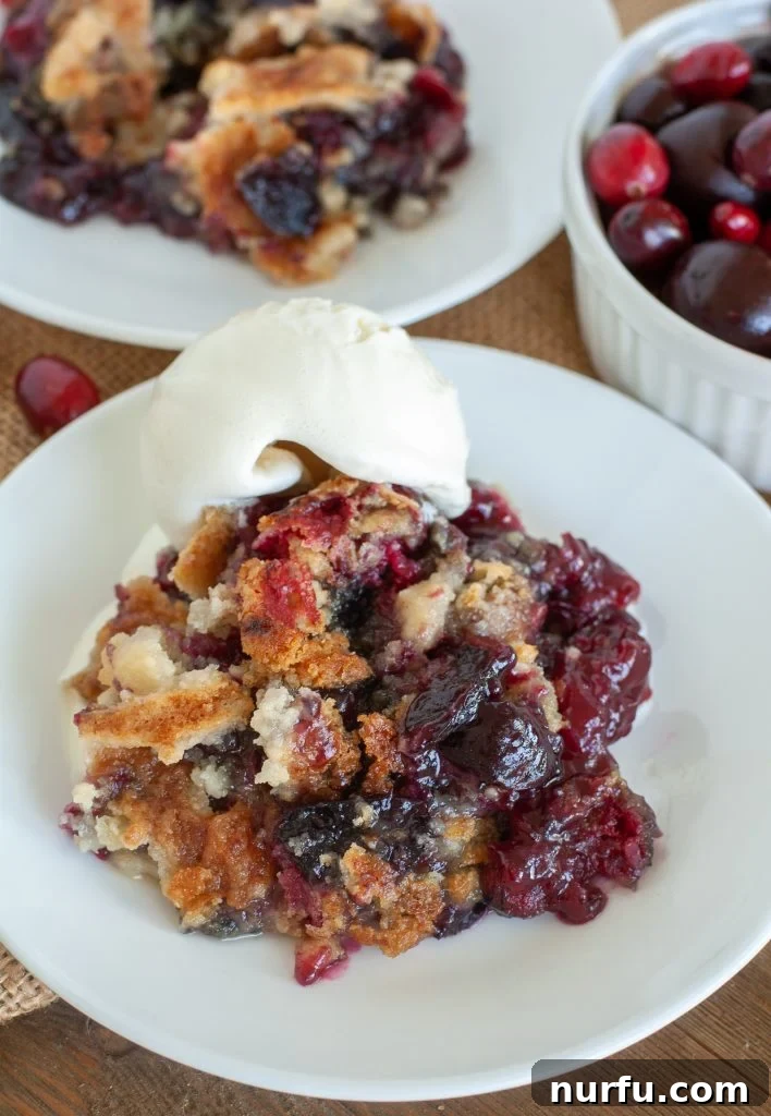 Cranberry Cherry Dump Cake A slice of Cranberry Cherry Dump Cake served on a plate, showcasing its vibrant fruit filling and golden cake topping, ready to be enjoyed.