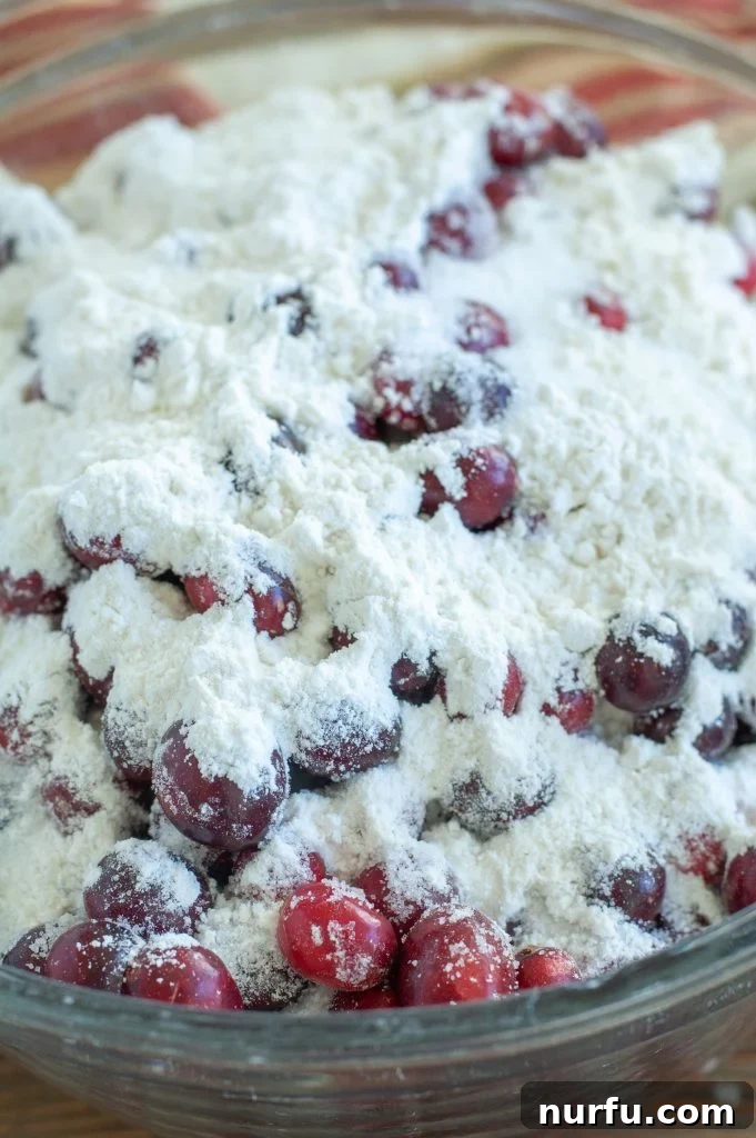 Cranberry Cherry Dump Cake A bowl of fresh cranberries and cherries, now with sugar sprinkled over them, ready to be mixed for the dump cake filling.