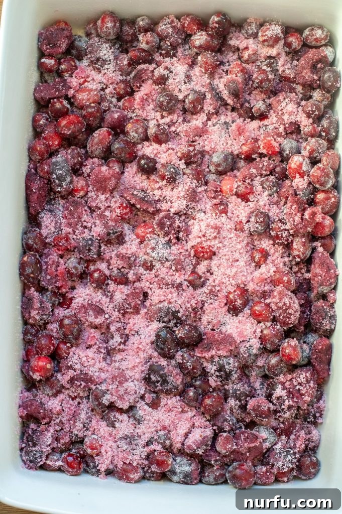 Cranberry Cherry Dump Cake The vibrant cranberry and cherry filling spread evenly in a clear glass baking dish, forming the base of the dump cake.
