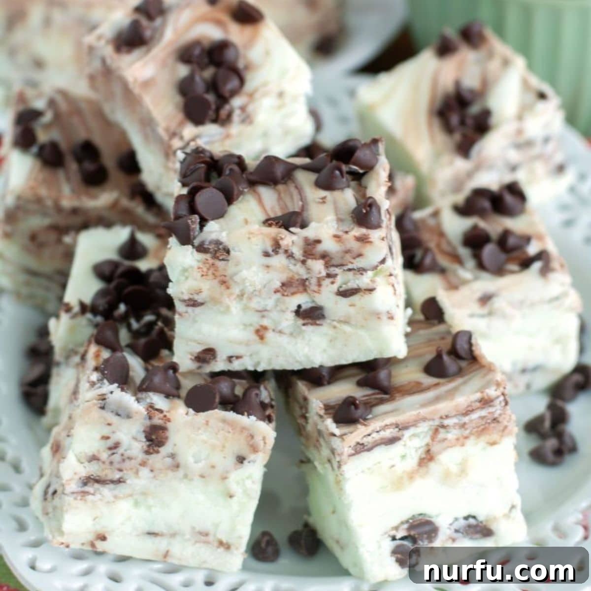 Mint chocolate chip fudge Plate of mint chocolate chip fudge.