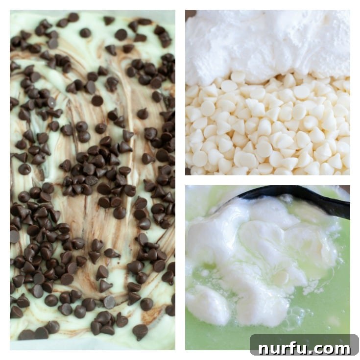 Mint chocolate chip fudge Mint chocolate chip fudge, white chocolate chips and marshmallow fluff, sugar mixture and fluff