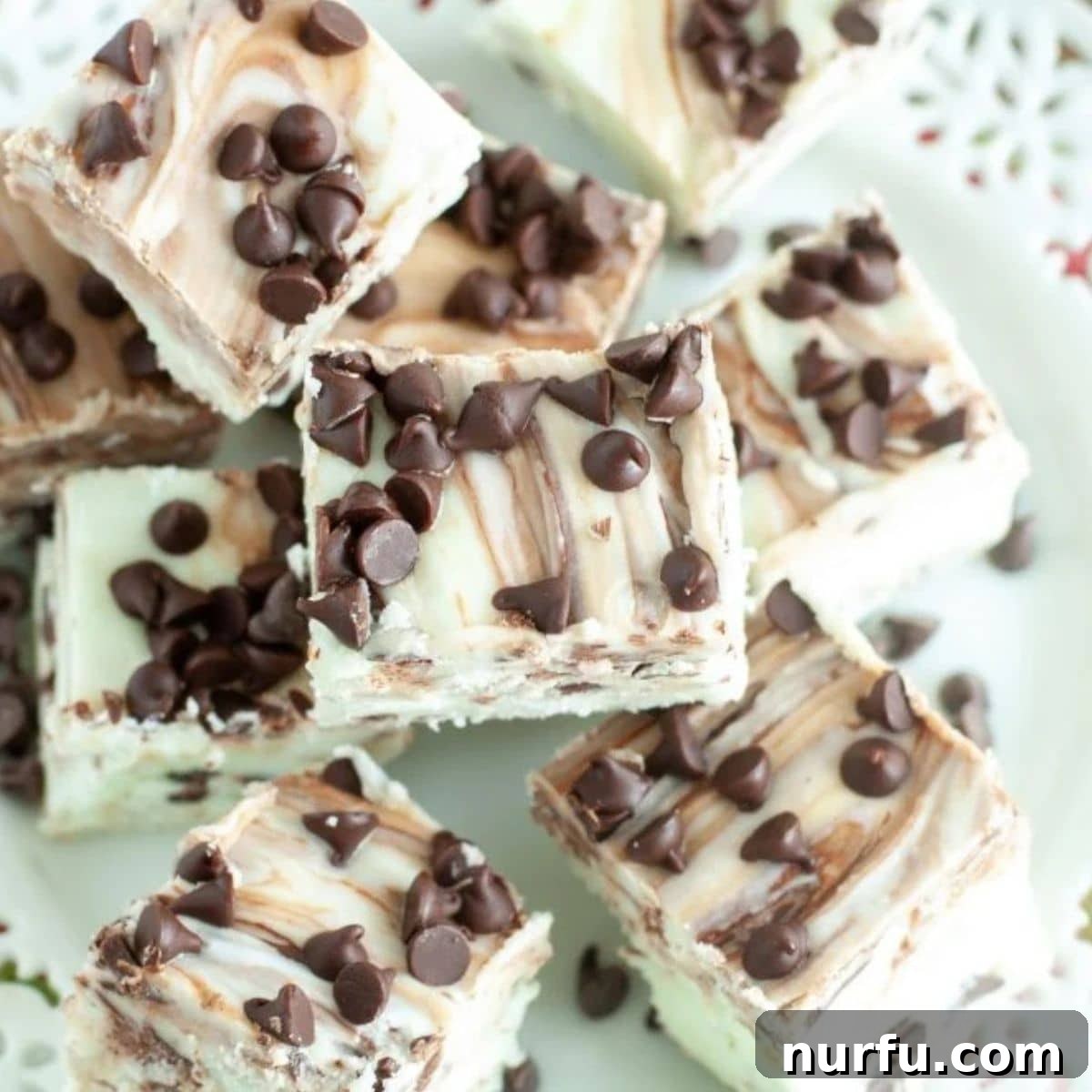 Mint chocolate chip fudge Plate of mint chocolate chip fudge.