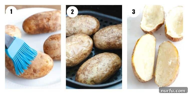 Ultimate Air Fryer Potato Skins 3 Brushing potato olive oil, baked potato in air fryer, baked potato cut down middle