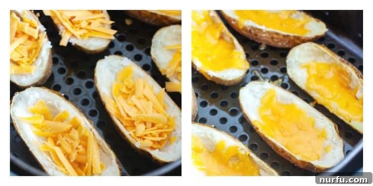 Ultimate Air Fryer Potato Skins 4 potato skins in air fryer with shredded cheese, potato skins in air fryer with melted cheese
