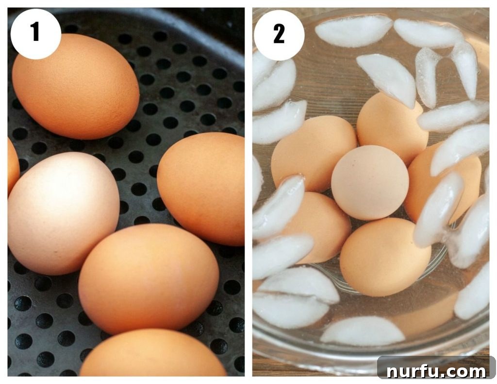 Air Fryer Eggs Made Easy 3 Two steps shown: first, raw eggs placed in an air fryer basket; second, cooked eggs cooling in an ice bath.