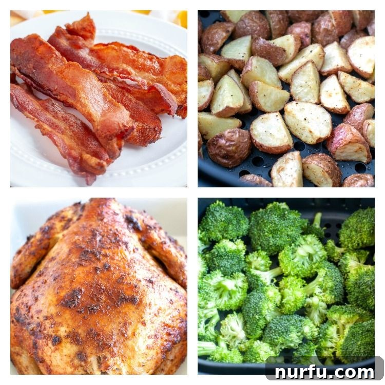 Ultimate Air Fryer Cooking Timings 2 Picture of air fried chicken, air fried bacon, air fried potatoes and air fried broccoli, showcasing delicious results from an air fryer.