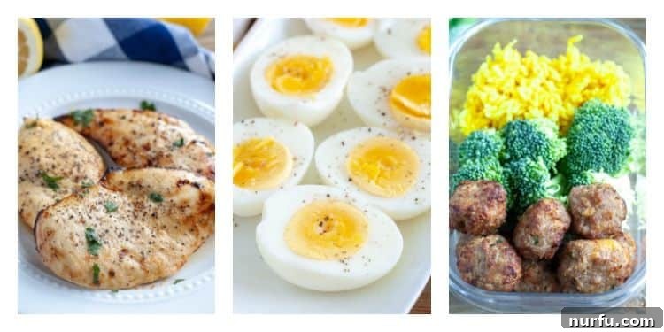 Ultimate Air Fryer Cooking Timings 3 Pictures of air fried chicken breasts, air fried boiled eggs and air fried turkey meatballs, highlighting versatile air fryer cooking.
