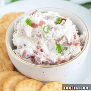 A two-picture collage featuring the Chipped Beef Dip: one image shows the raw ingredients in a glass bowl, and the other shows the creamy mixed dip with chipped beef and green onions.