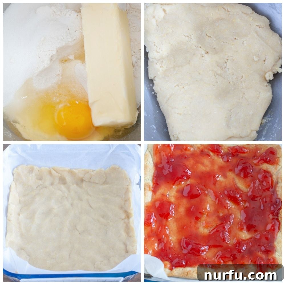 Tropical Strawberry Coconut Bars 3 A step-by-step collage showing the process of making strawberry coconut bars: mixing ingredients, forming dough, pressing into pan, and spreading jam