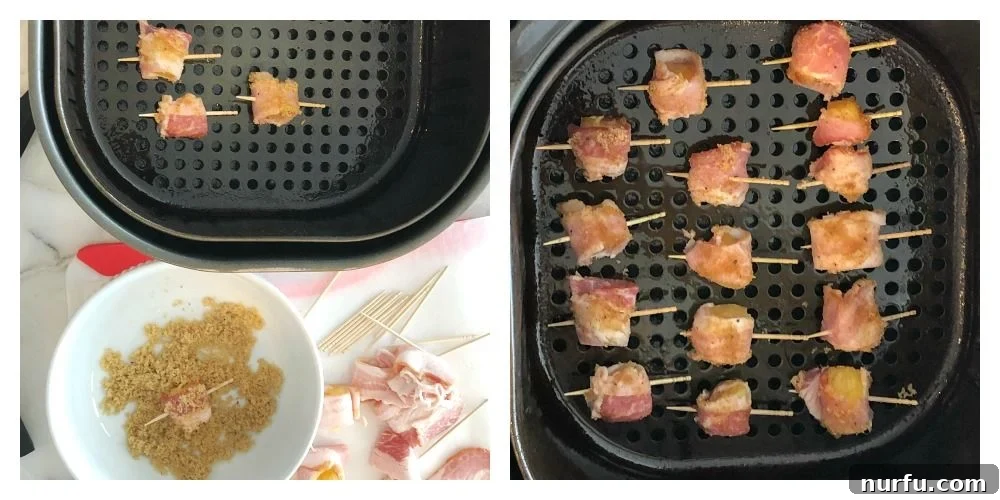 2 photo collage, air fryer basket with bacon wrapped pineapple and bowl with brown sugar and bacon wrapped pineapple during the preparation process
