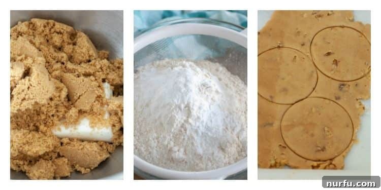 Golden Butterscotch Bliss 3 Three pictures: a bowl of brown sugar and shortening being creamed, a bowl of dry flour mixture, and rolled-out cookie dough on a floured surface.