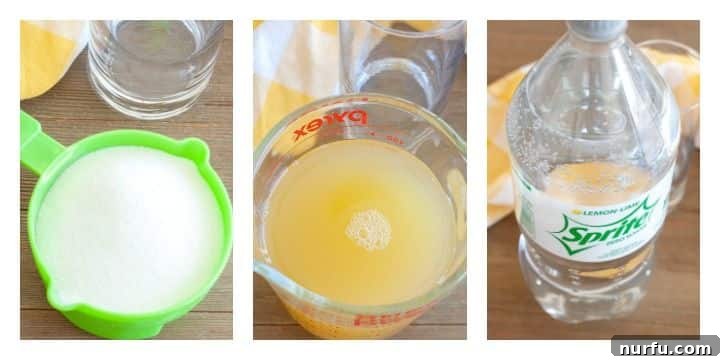 Separate ingredients for Pineapple Lemonade: a cup of lemonade mix, a measuring cup of pineapple juice, and a bottle of Sprite.