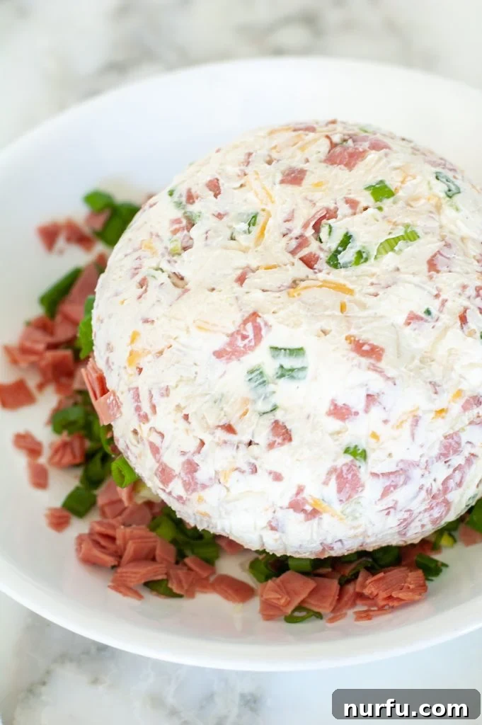 Signature Chipped Beef Cheese Ball 10 A Chipped Beef Cheese Ball, partially scooped, adorned with fresh green onions and finely chopped beef, in a rustic bowl.