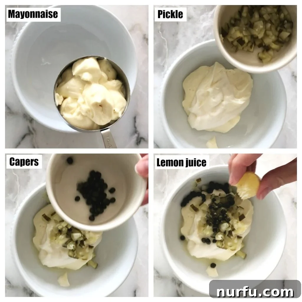 Homemade Creamy Tartar Sauce 4 Step-by-step visuals showing mayonnaise, pickles, capers, and lemon juice being combined to make tartar sauce.