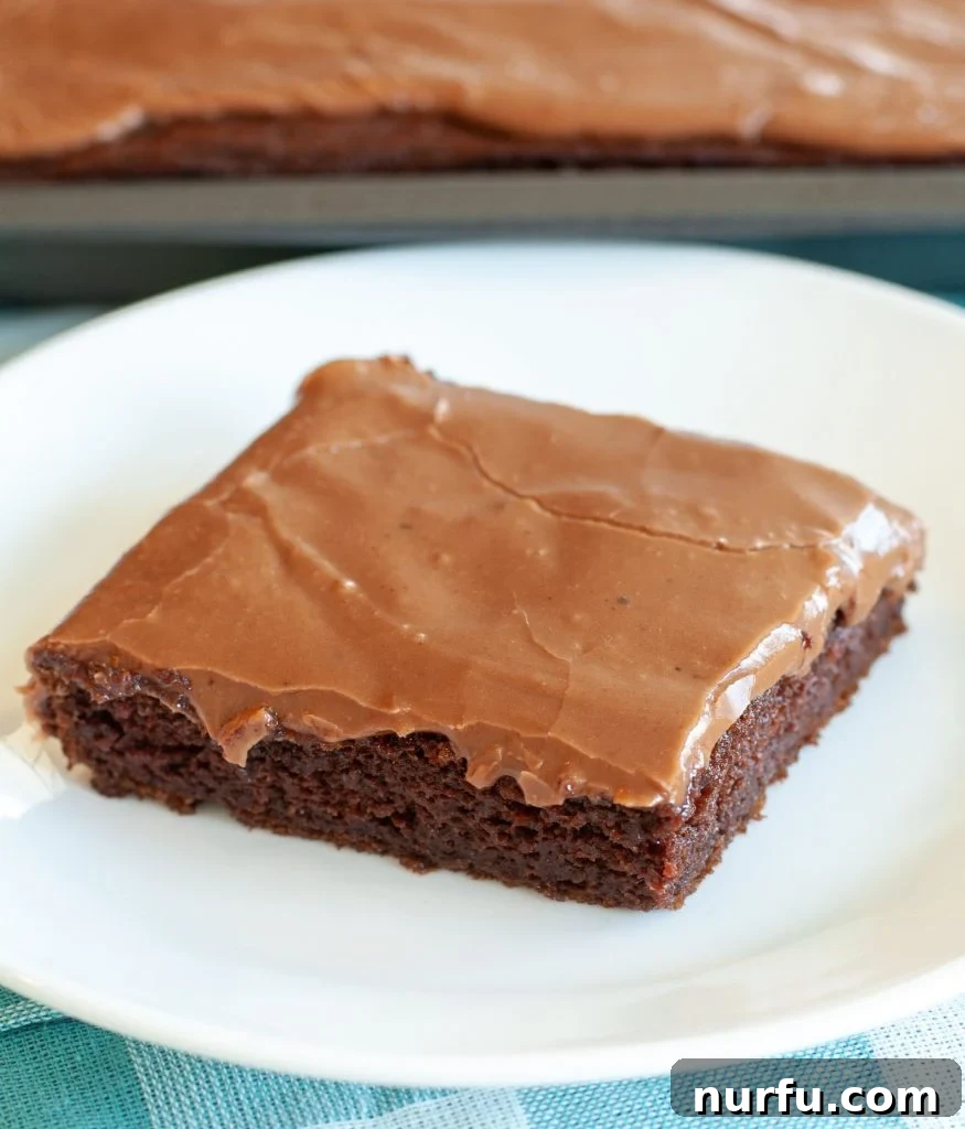 Decadent Chocolate Sheet Cake 2 Chocolate sheet cake on a white plate, showcasing its rich color and frosting