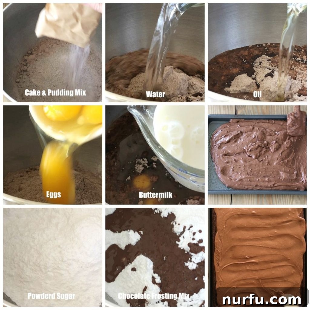 Decadent Chocolate Sheet Cake 3 Step-by-step images showing cake batter being mixed and poured into a pan