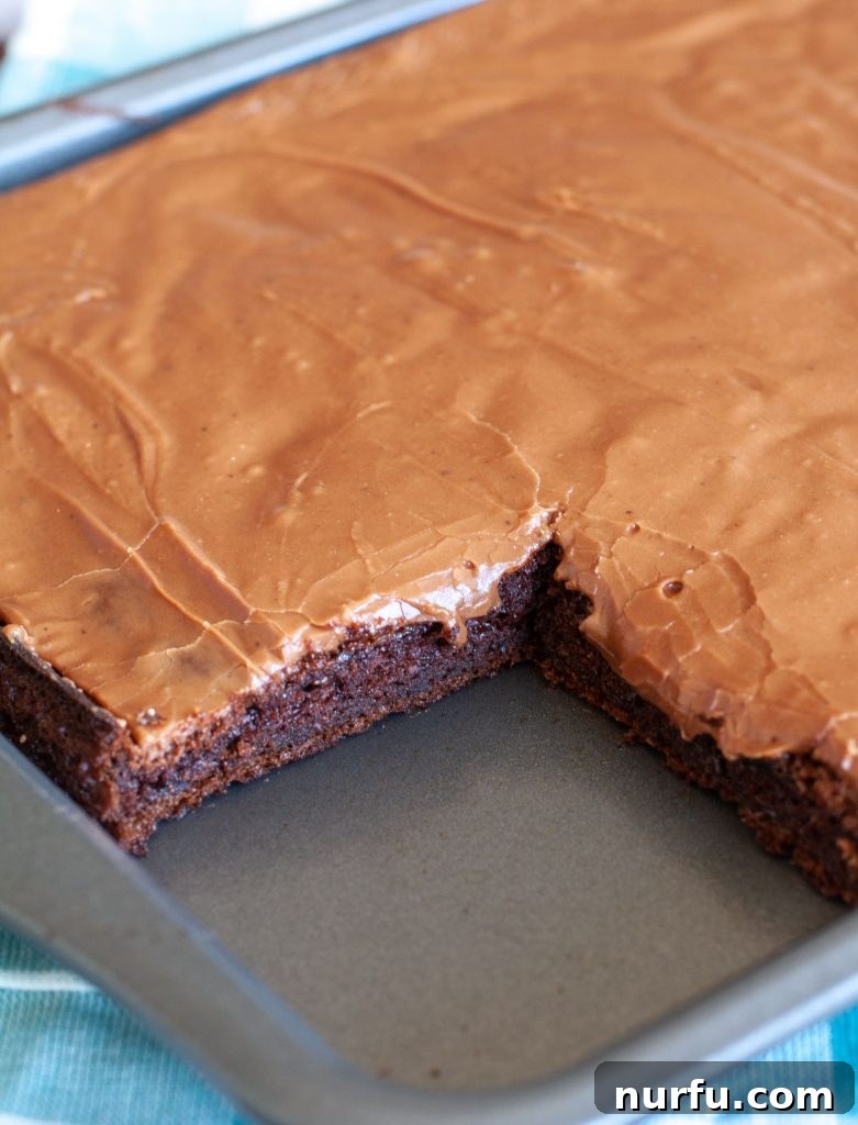 Decadent Chocolate Sheet Cake 4 A chocolate sheet cake in a pan with a piece already removed, showing its interior