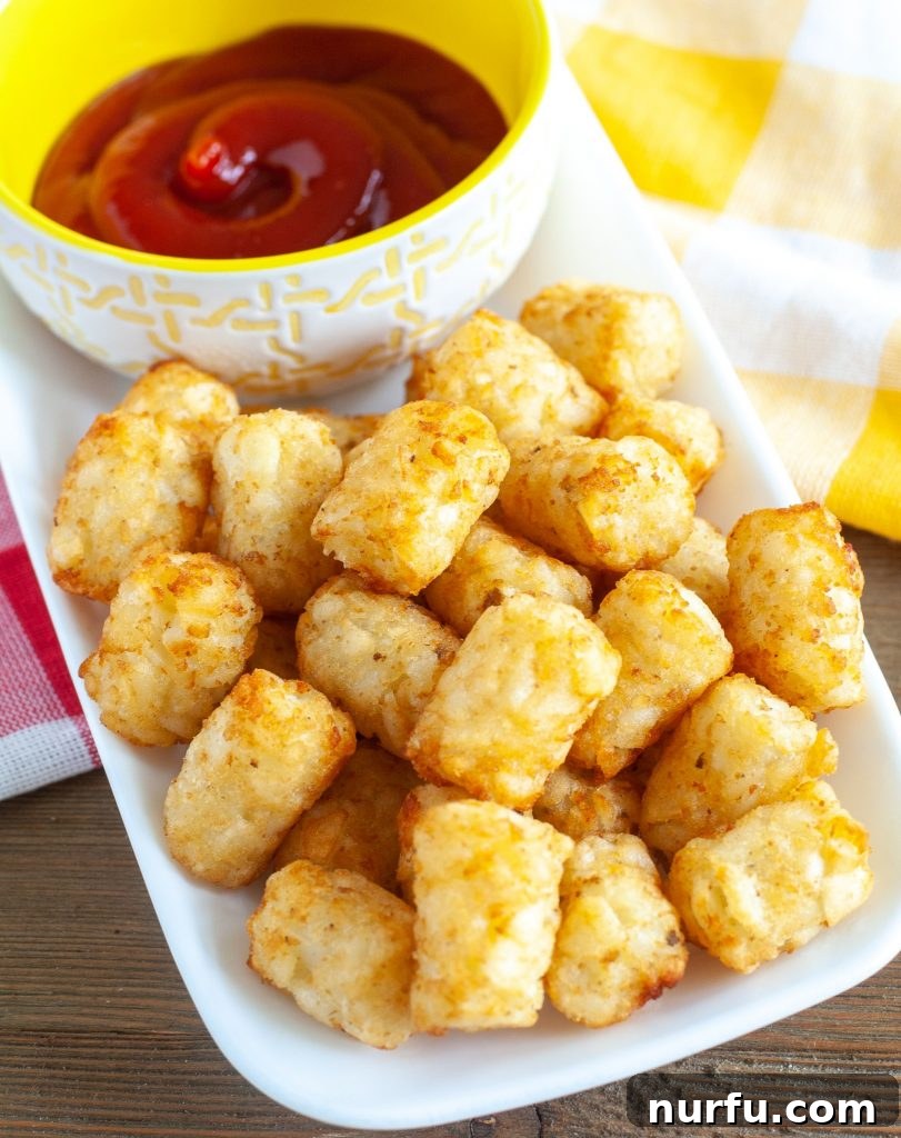 Golden Crispy Air Fryer Tots 2 Crispy air fryer tater tots served on a plate with a side of ketchup