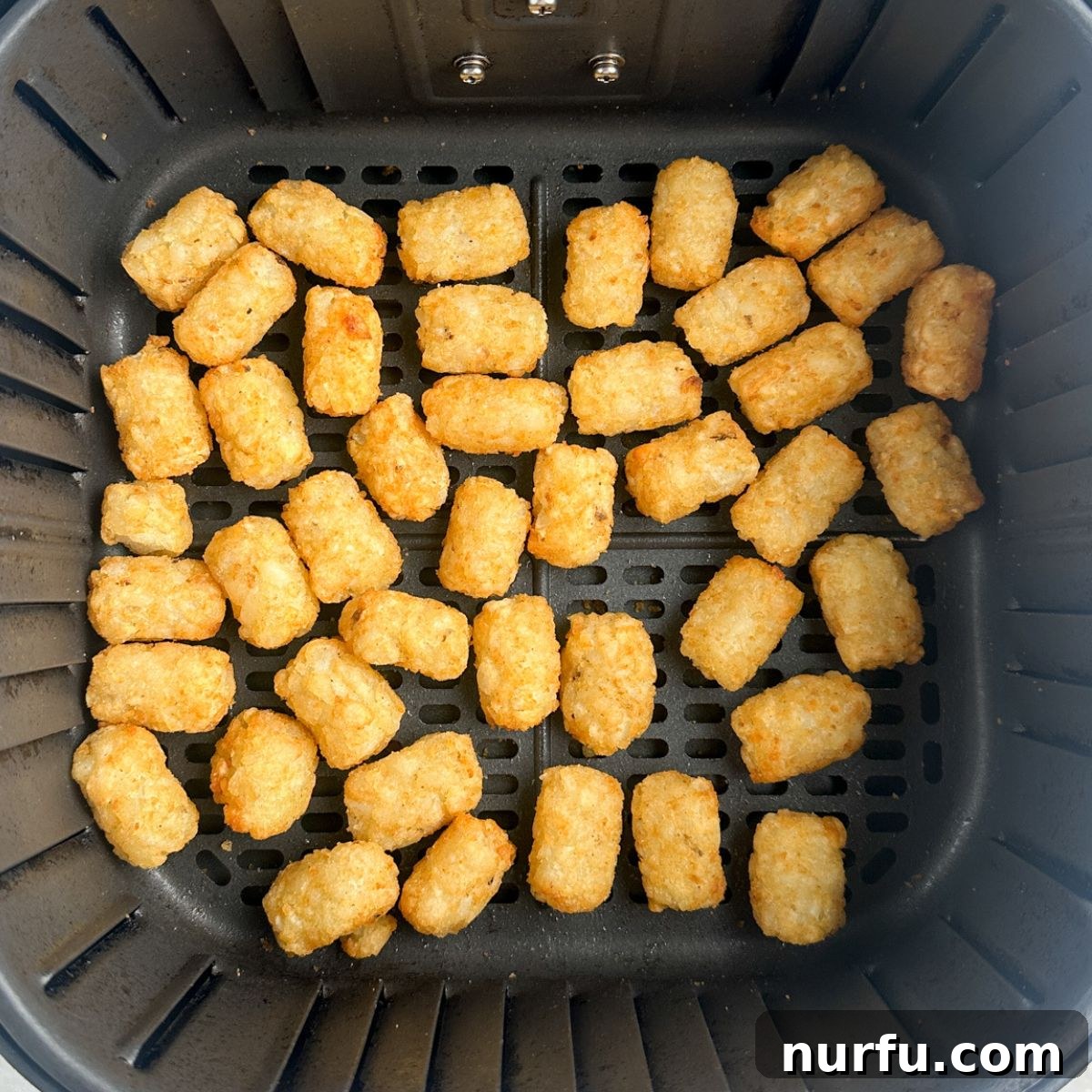Golden Crispy Air Fryer Tots 5 Perfectly cooked, golden tater tots in an air fryer basket, ready to be served