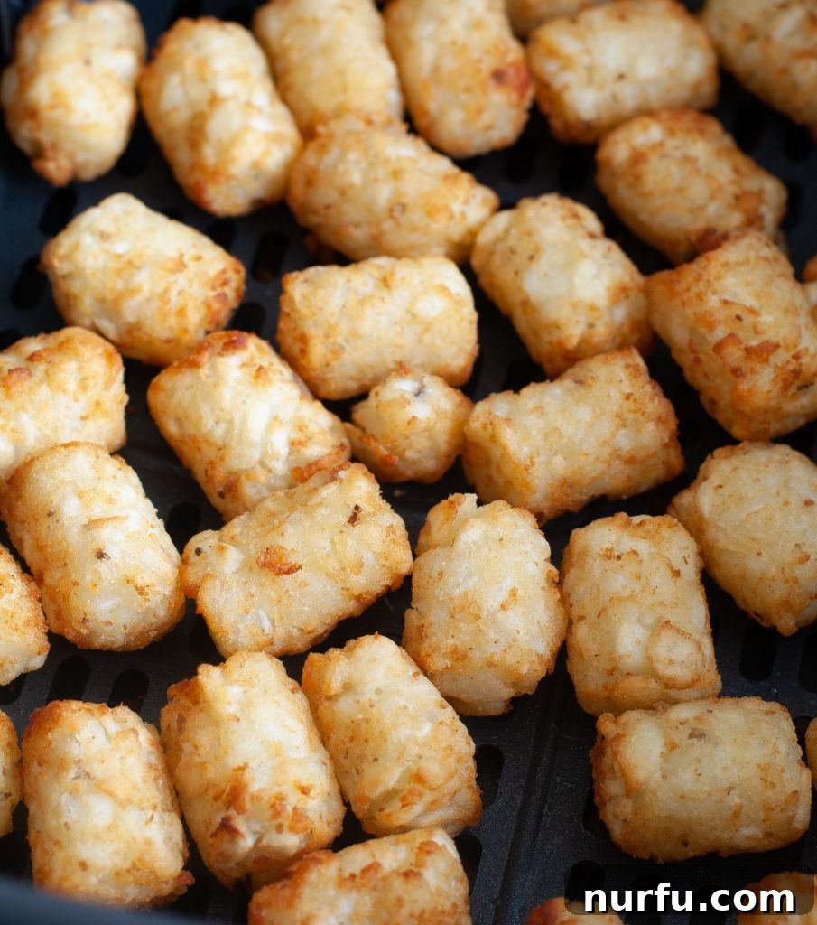 Golden Crispy Air Fryer Tots 6 Close-up of perfectly cooked tater tots in an air fryer basket