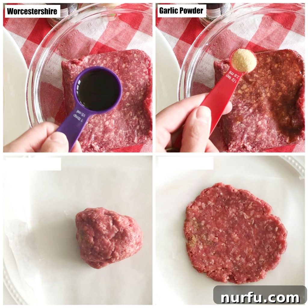 Air Fried Burger Perfection 3 Step-by-step images showing ground beef, seasonings, and the patty forming process for air fryer hamburgers.