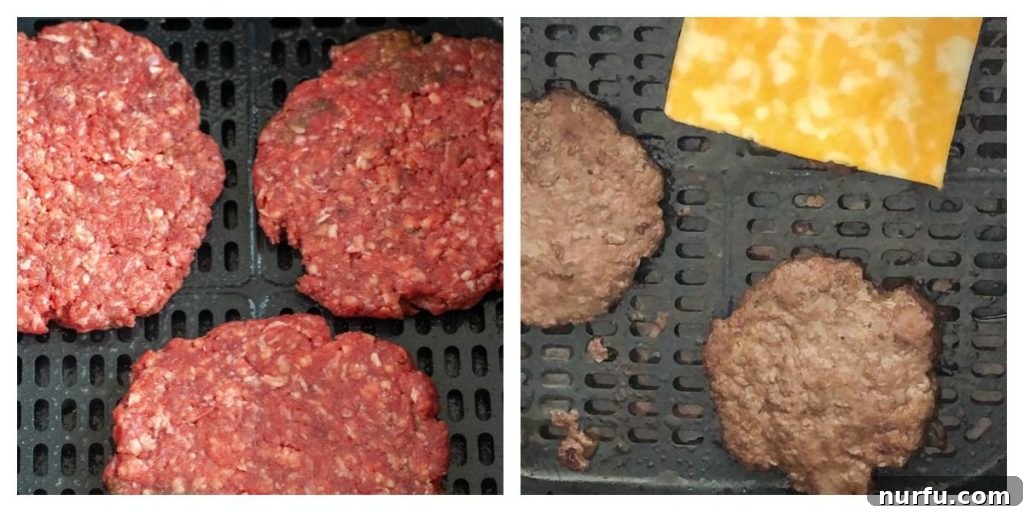Air Fried Burger Perfection 4 Comparison of uncooked hamburger patties and cooked hamburgers with melted cheese, showcasing the delicious results from the air fryer.