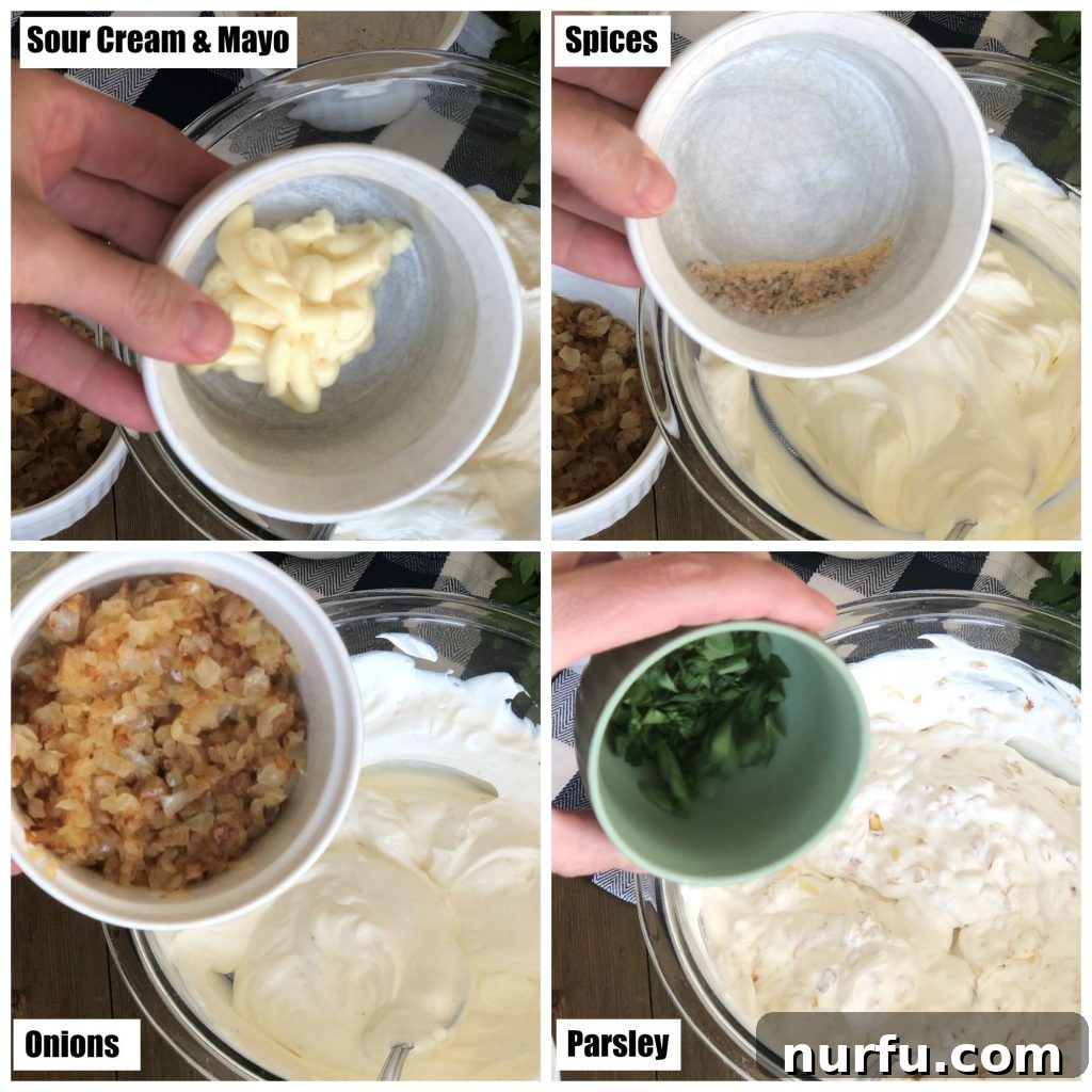 Caramelized Onion Dip 4 The creamy base for French Onion Dip with sour cream, mayonnaise, herbs, and spices, prior to mixing in the rich caramelized onions.