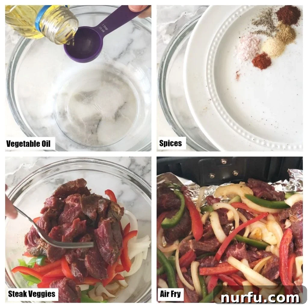 Fajita Prep - Steak, Peppers, Onions & Spices Step-by-step image showing prepped steak, bell peppers, and onions tossed with oil and spices, ready for the air fryer.