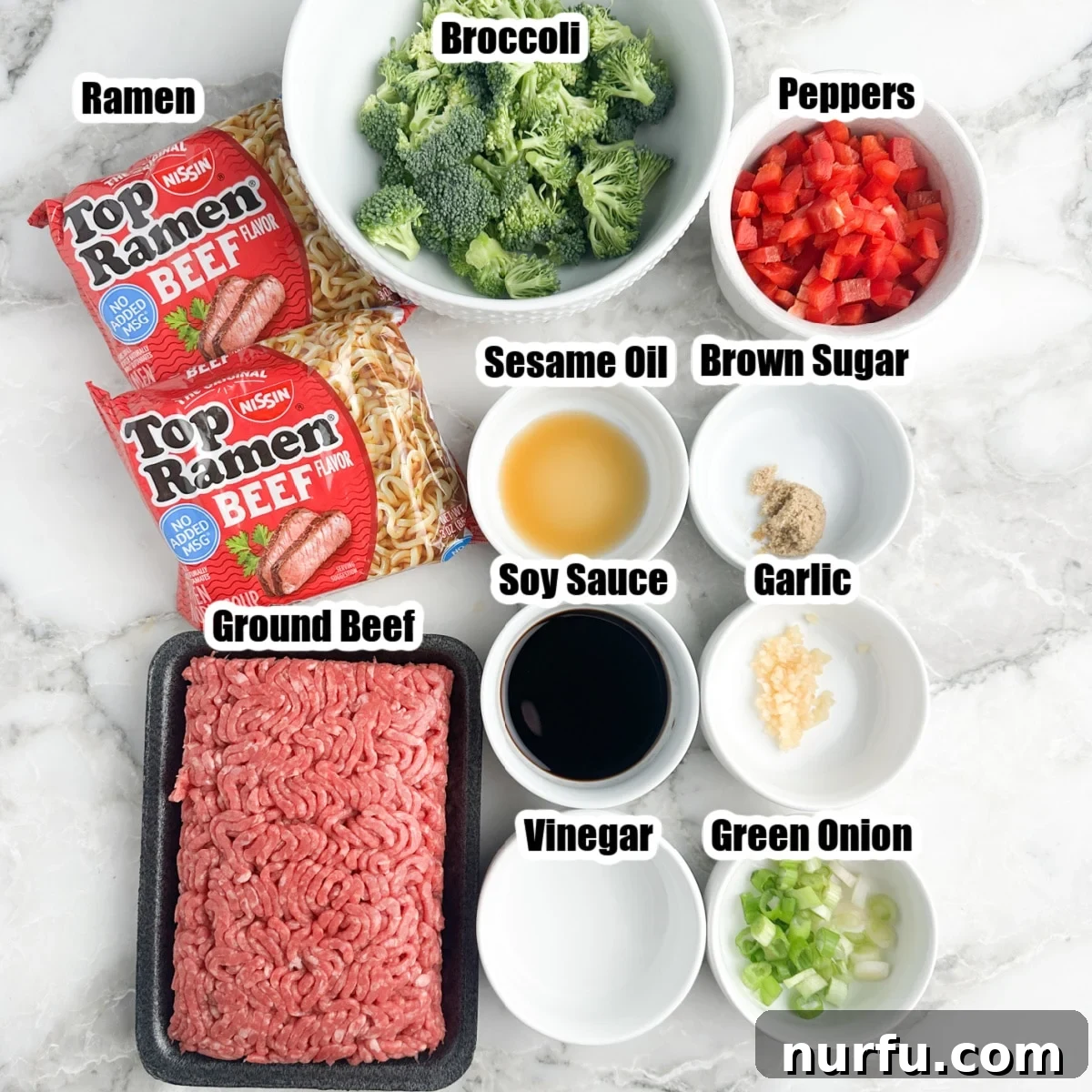 Savory Ground Beef Ramen 3 Ground beef, pack of ramen, bowl of peppers, broccoli, soy sauce, sugar, and vinegar.