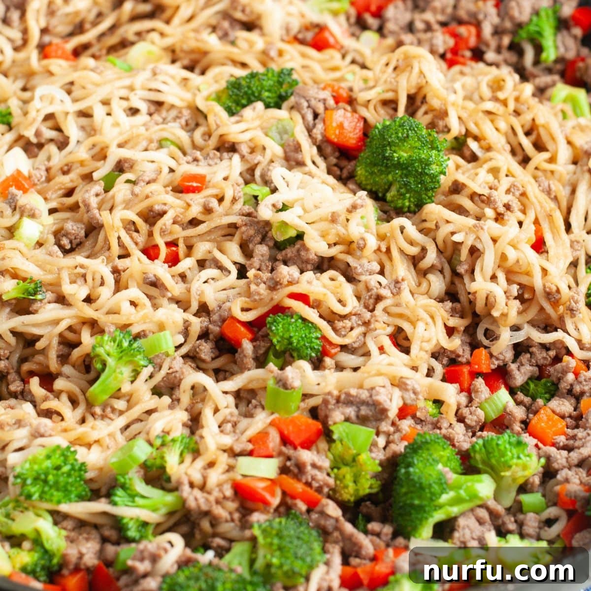 Savory Ground Beef Ramen 7 Ramen noodles with vegetables and ground beef.